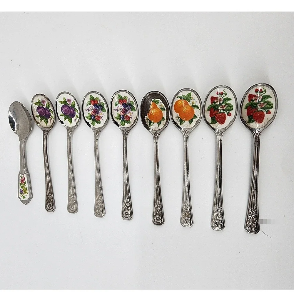 Vintage  Avon Fruit Motif Enamel Inlay Silver‎ Tone Tea Spoons Mixed Set of 9